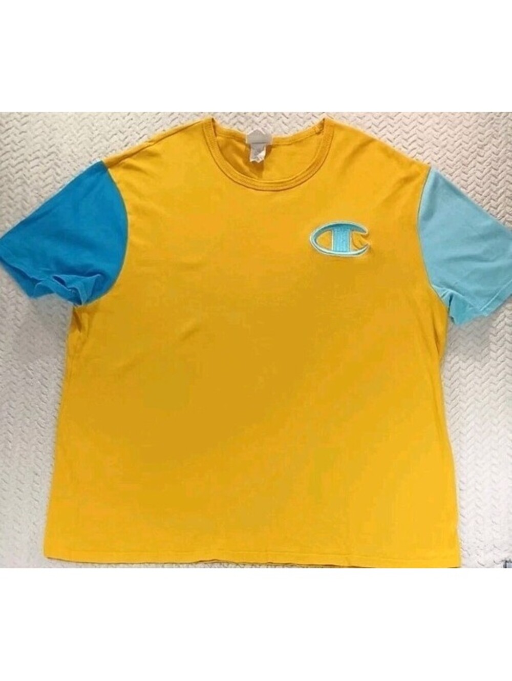 Champion - 2XL - Yellow Blue Colorblock - Vintage Retro T-Shirt Embroidered Logo